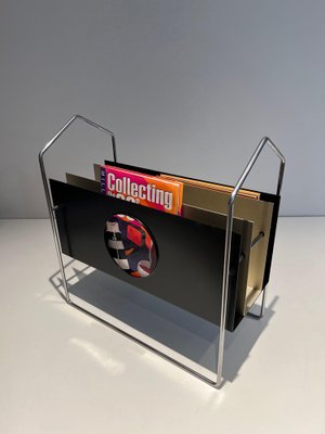 Chrome Magazine Rack with Black and White Lacquered Metal, 1970s-BA-1615865