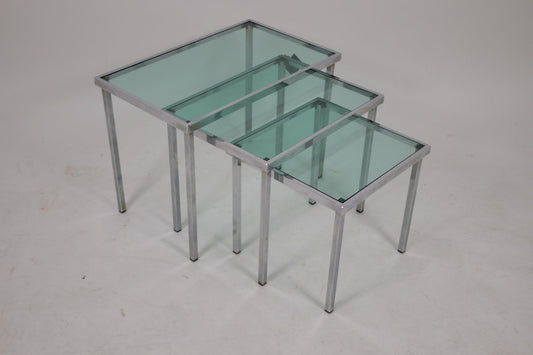 Chrome Nesting Tables with Blue Clear Glass, Set of 3