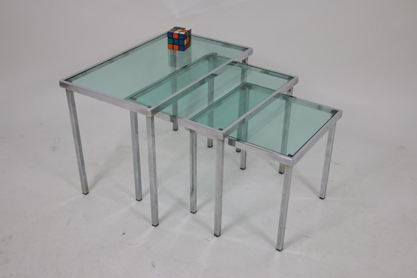 Chrome Nesting Tables with Blue Clear Glass, Set of 3-EZZ-704399