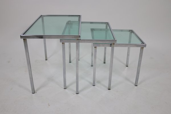 Chrome Nesting Tables with Blue Clear Glass, Set of 3-EZZ-704399