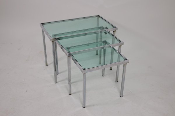 Chrome Nesting Tables with Blue Clear Glass, Set of 3-EZZ-704399