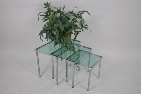 Chrome Nesting Tables with Blue Clear Glass, Set of 3-EZZ-704399