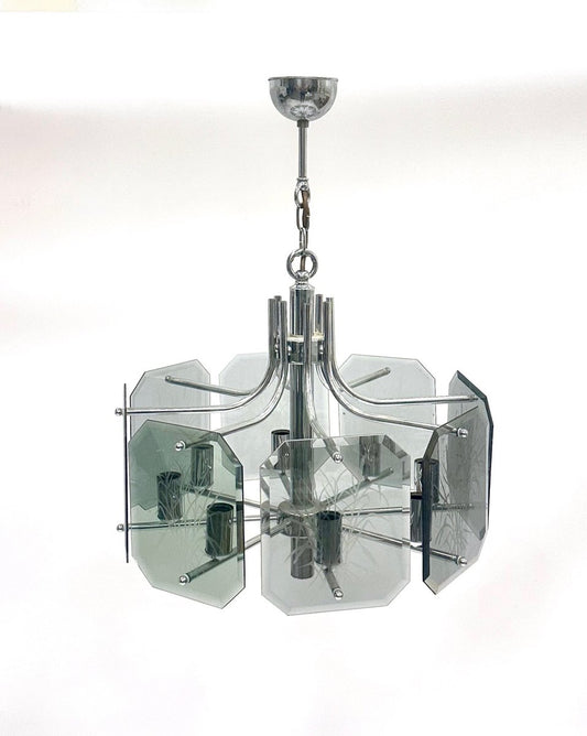 Chrome Plated and Smoked Glass Chandelier from Fischer Leuchten, 1980s