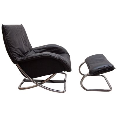 Chrome Rocking Lounge Chair with Footstool by Robert Haussmann, 1980s, Set of 2-KL-1627385