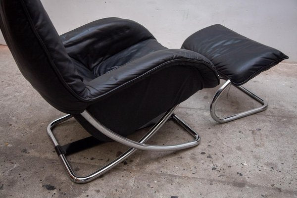 Chrome Rocking Lounge Chair with Footstool by Robert Haussmann, 1980s, Set of 2-KL-1627385