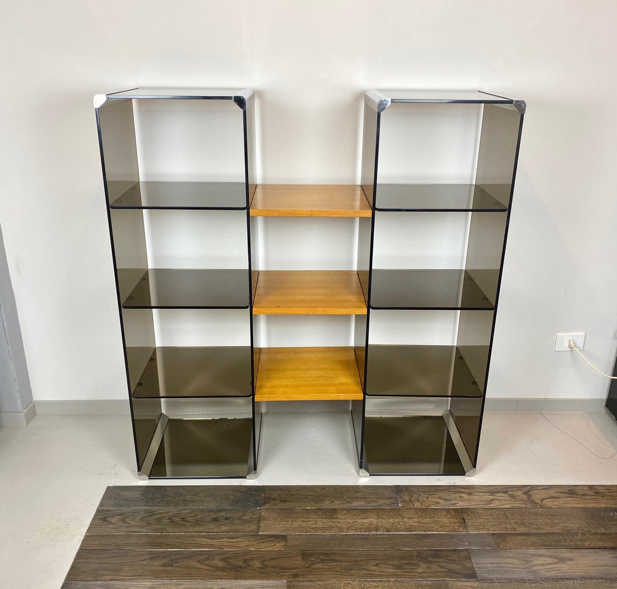 Chrome, Smoked Glass & Wood Bookshelf Étagère by Gallotti & Radice, Italy, 1970s