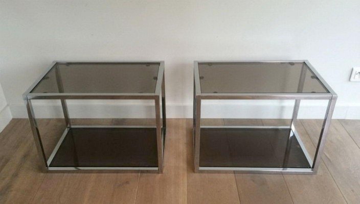 Chrome Sofa End Tables with Smoked Glass Trays, 1970s, Set of 2-BA-1365615