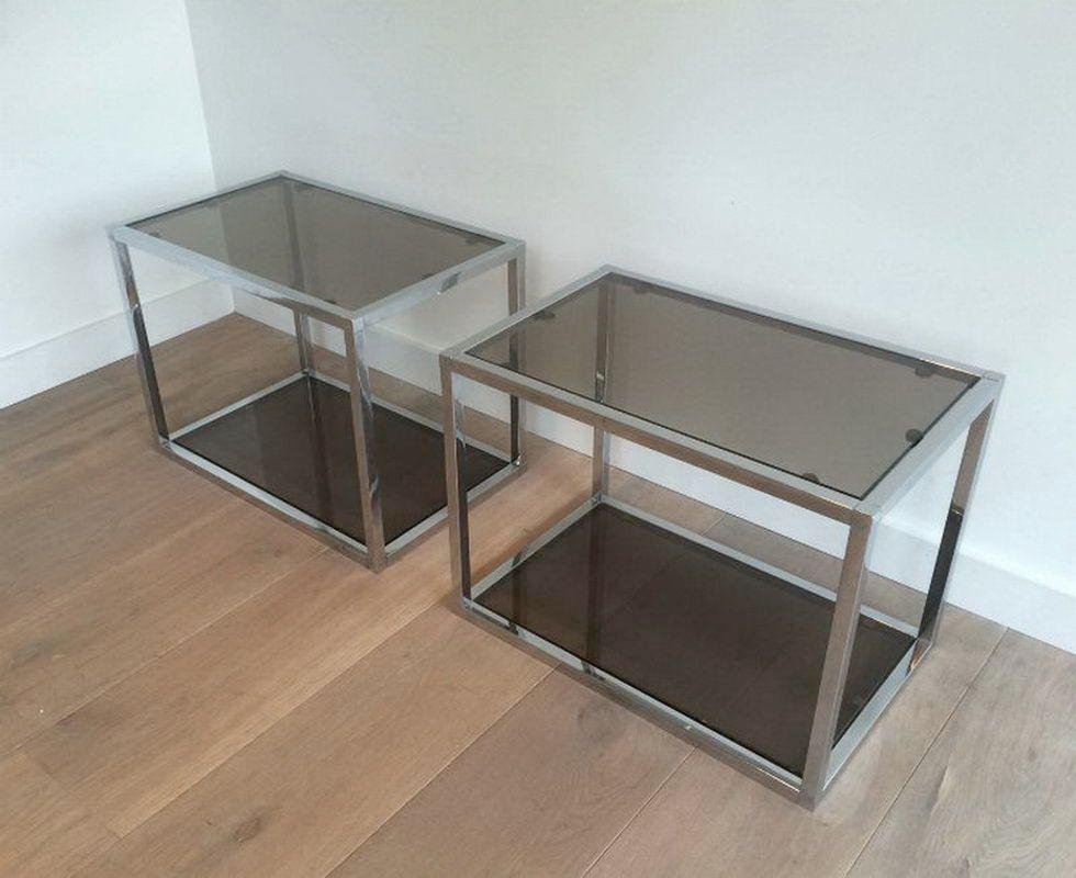 Chrome Sofa End Tables with Smoked Glass Trays, 1970s, Set of 2