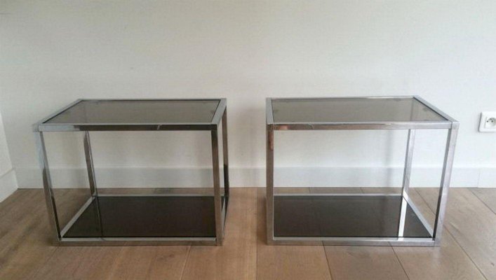 Chrome Sofa End Tables with Smoked Glass Trays, 1970s, Set of 2-BA-1365615