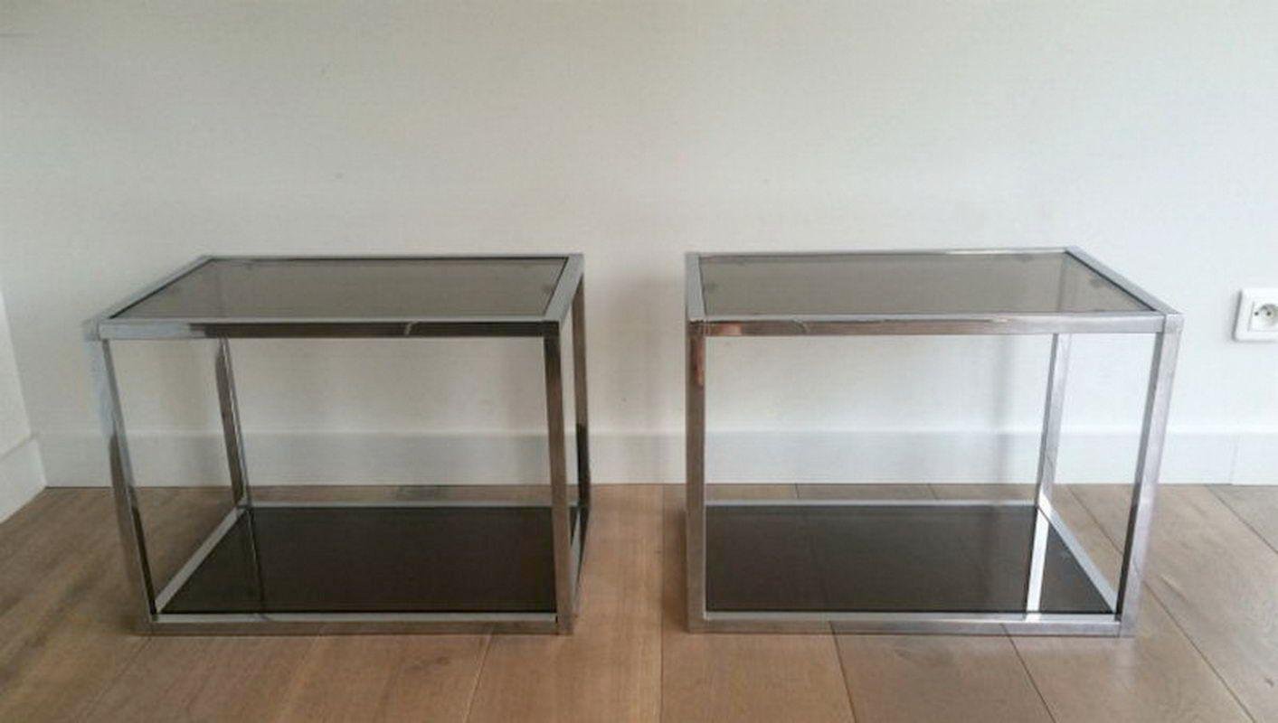 Chrome Sofa End Tables with Smoked Glass Trays, 1970s, Set of 2