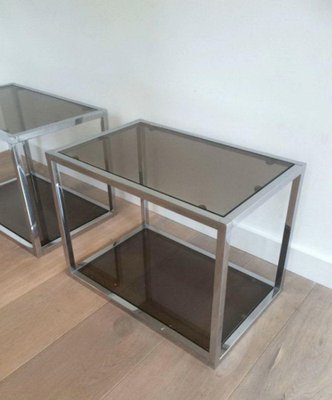 Chrome Sofa End Tables with Smoked Glass Trays, 1970s, Set of 2-BA-1365615