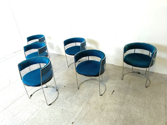 Chrome Wire and Blue Fabric Dining Chairs, 1970s, Set of 6