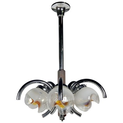 Chrome, Wood & Murano Glass Chandelier from Mazzega, Italy, 1970s-LYQ-1171728