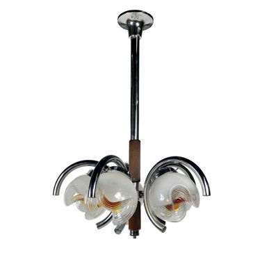 Chrome, Wood & Murano Glass Chandelier from Mazzega, Italy, 1970s-LYQ-1171728