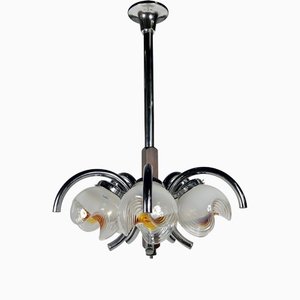 Chrome, Wood & Murano Glass Chandelier from Mazzega, Italy, 1970s-LYQ-1171728