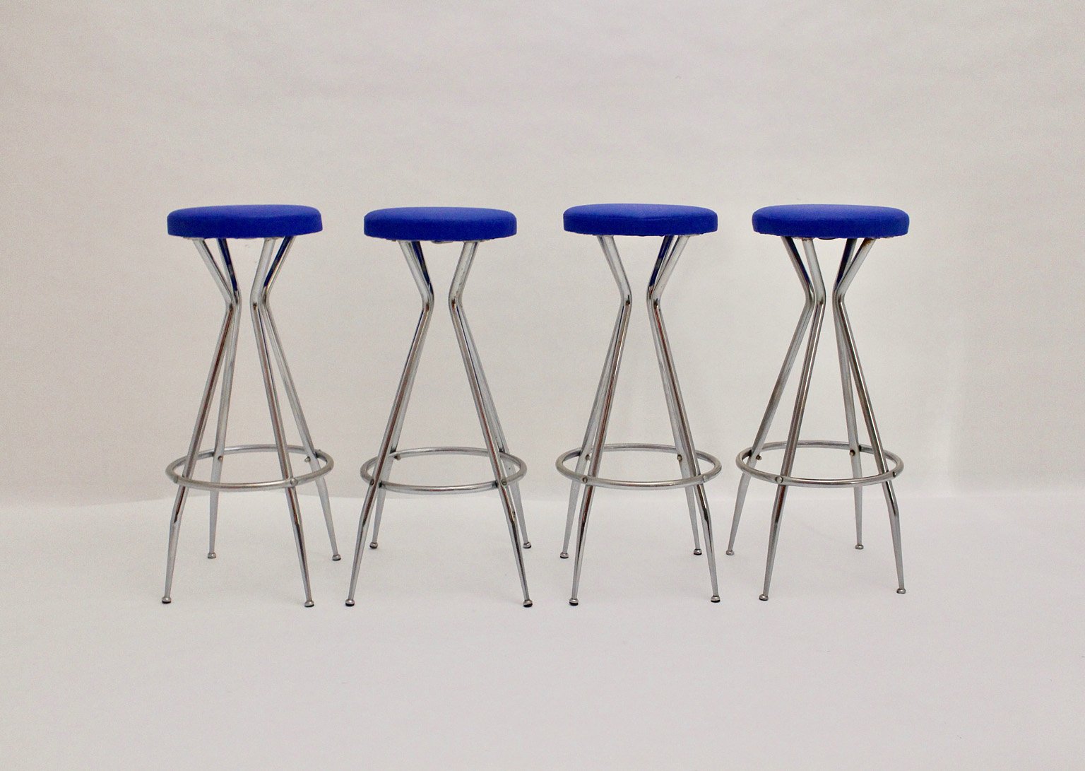 Chromed Barstools with Blue Faux Leather, 1950s, Set of 4