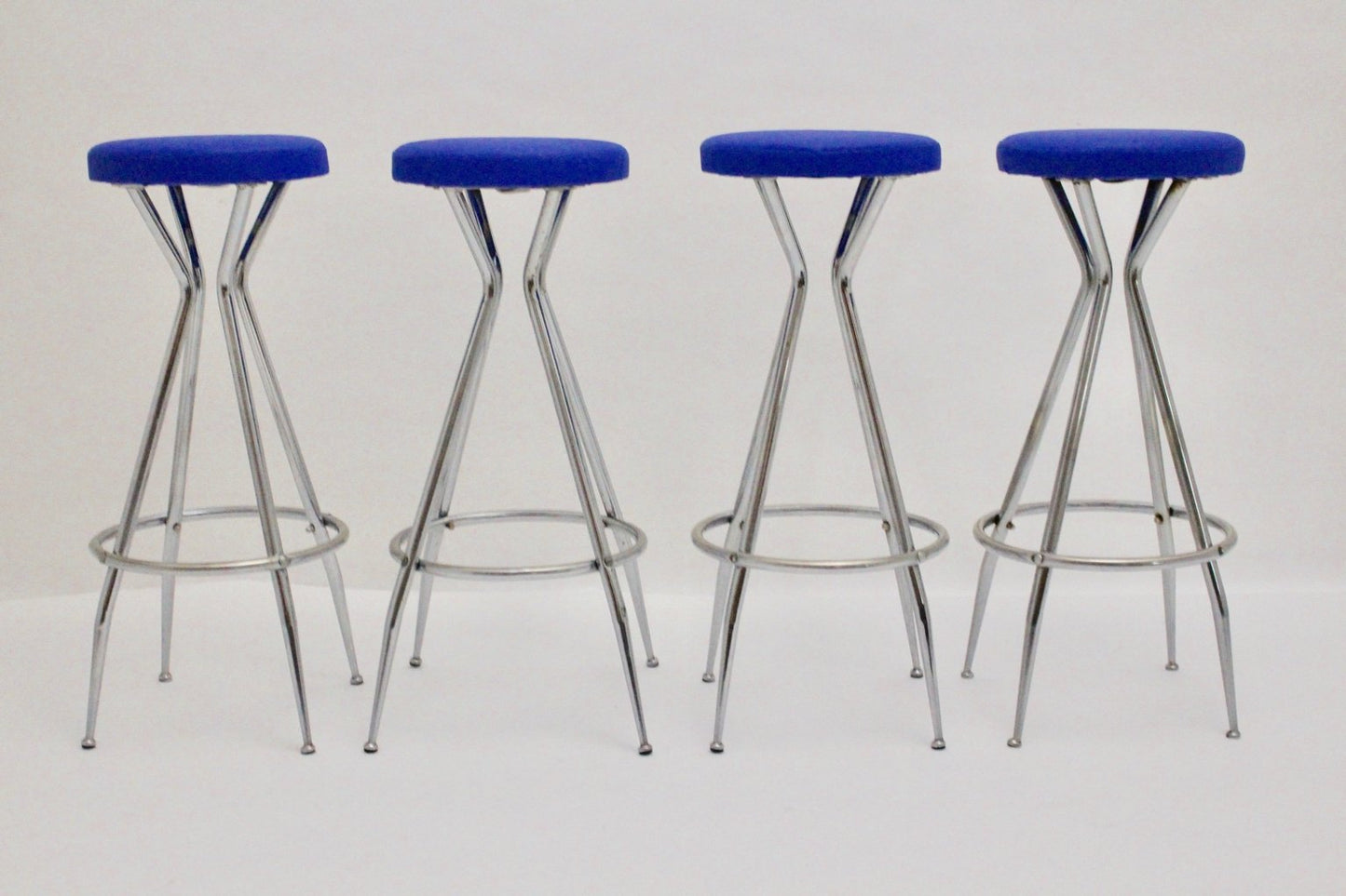 Chromed Barstools with Blue Faux Leather, 1950s, Set of 4