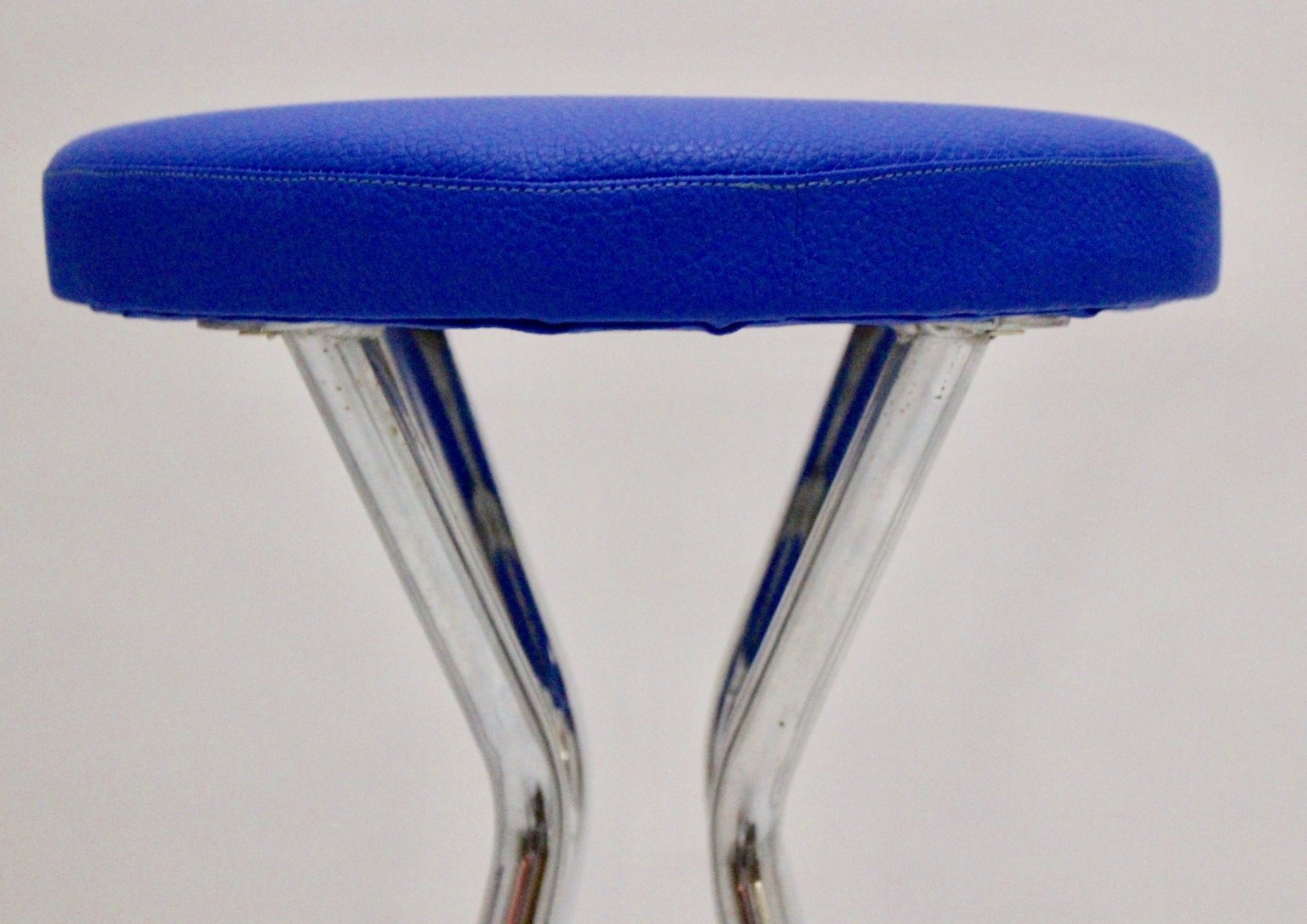 Chromed Barstools with Blue Faux Leather, 1950s, Set of 4