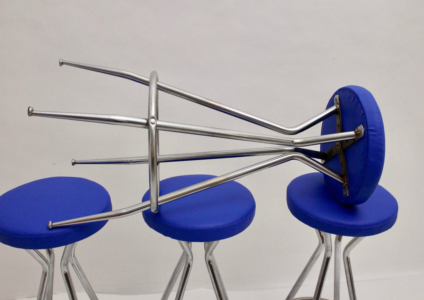 Chromed Barstools with Blue Faux Leather, 1950s, Set of 4