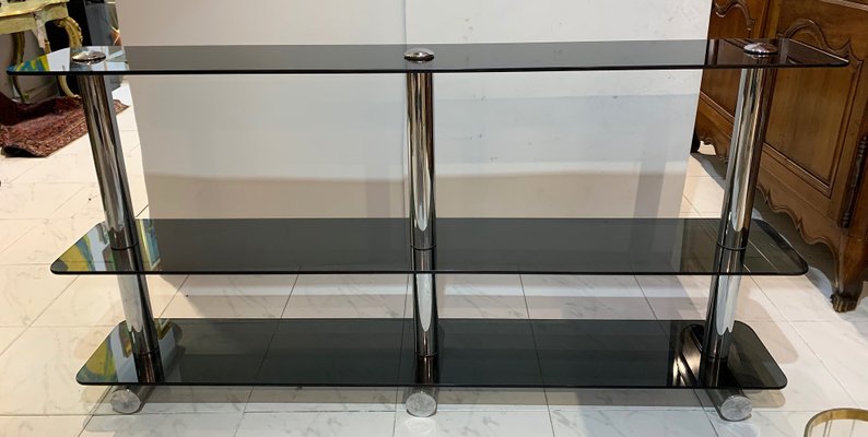 Chromed Metal and Smoked Glass Shelf, 1970s-IKW-828728