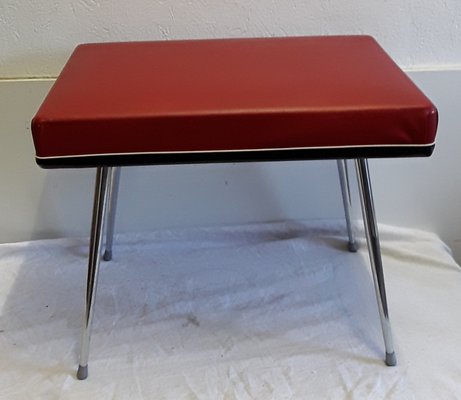 Chromed Steel & Red Vinyl Folding Stool with Storage, 1970s-HOI-867767