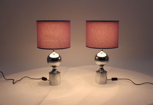 Chromed Table Lamps with Lavender Chintz Shades, 1960s, Set of 2-NB-852970