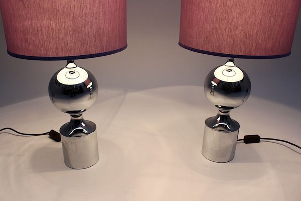 Chromed Table Lamps with Lavender Chintz Shades, 1960s, Set of 2-NB-852970