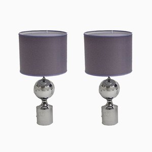 Chromed Table Lamps with Lavender Chintz Shades, 1960s, Set of 2-NB-852970