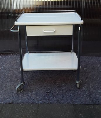 Chromed Tubular Steel Trolley with White Coated Chipboard Drawer & 2 White Formica Shelves, 1970s-HOI-909054