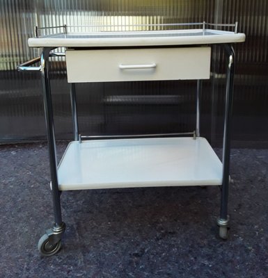 Chromed Tubular Steel Trolley with White Coated Chipboard Drawer & 2 White Formica Shelves, 1970s-HOI-909054