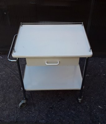 Chromed Tubular Steel Trolley with White Coated Chipboard Drawer & 2 White Formica Shelves, 1970s-HOI-909054