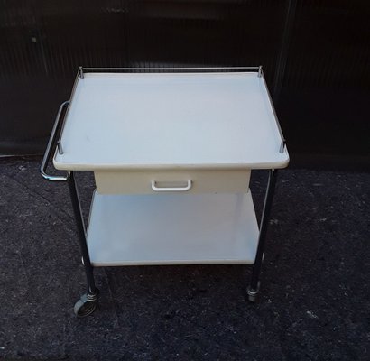 Chromed Tubular Steel Trolley with White Coated Chipboard Drawer & 2 White Formica Shelves, 1970s-HOI-909054