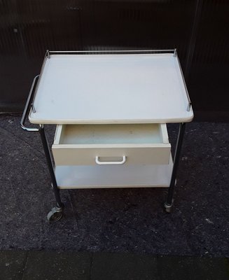 Chromed Tubular Steel Trolley with White Coated Chipboard Drawer & 2 White Formica Shelves, 1970s-HOI-909054