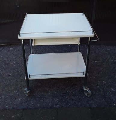 Chromed Tubular Steel Trolley with White Coated Chipboard Drawer & 2 White Formica Shelves, 1970s-HOI-909054