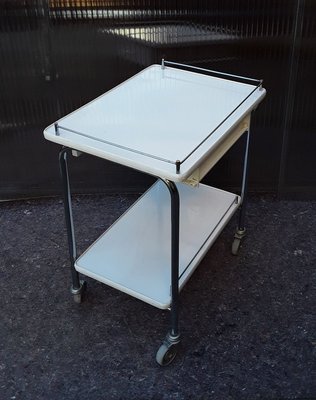 Chromed Tubular Steel Trolley with White Coated Chipboard Drawer & 2 White Formica Shelves, 1970s-HOI-909054