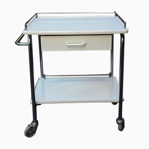 Chromed Tubular Steel Trolley with White Coated Chipboard Drawer & 2 White Formica Shelves, 1970s-HOI-909054