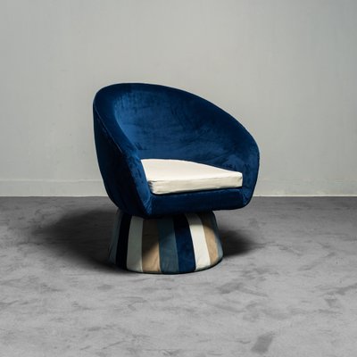 Circular Blue Velvet Lounge Chair, 1970s-ZLY-982666