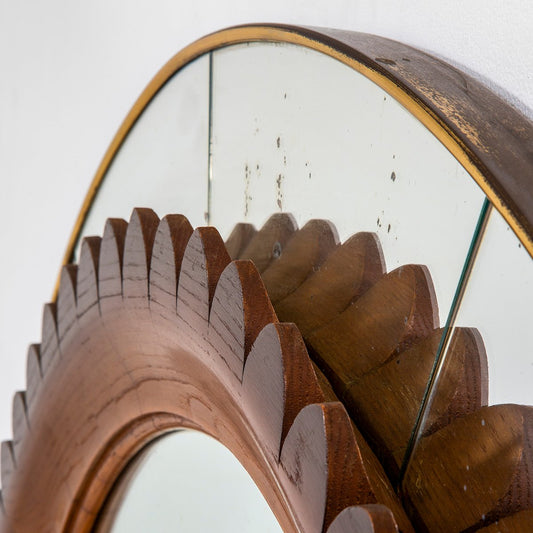 Circular Frame in Brass and Wood Wall Mirror for Marelli, 1950s