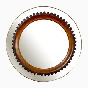 Circular Frame in Brass and Wood Wall Mirror for Marelli, 1950s-FWM-1394031