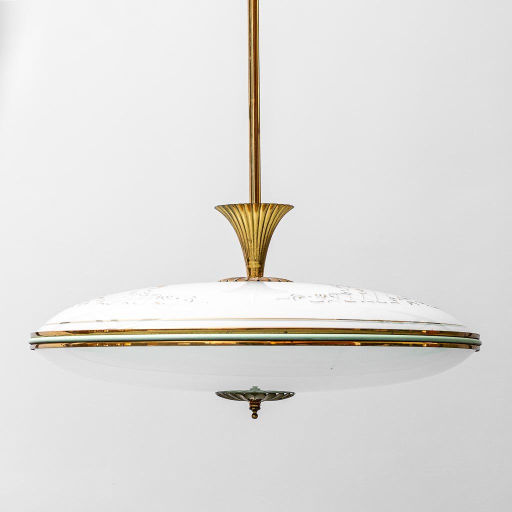 Circular Glass and Brass Ceiling Chandelier, 1950s