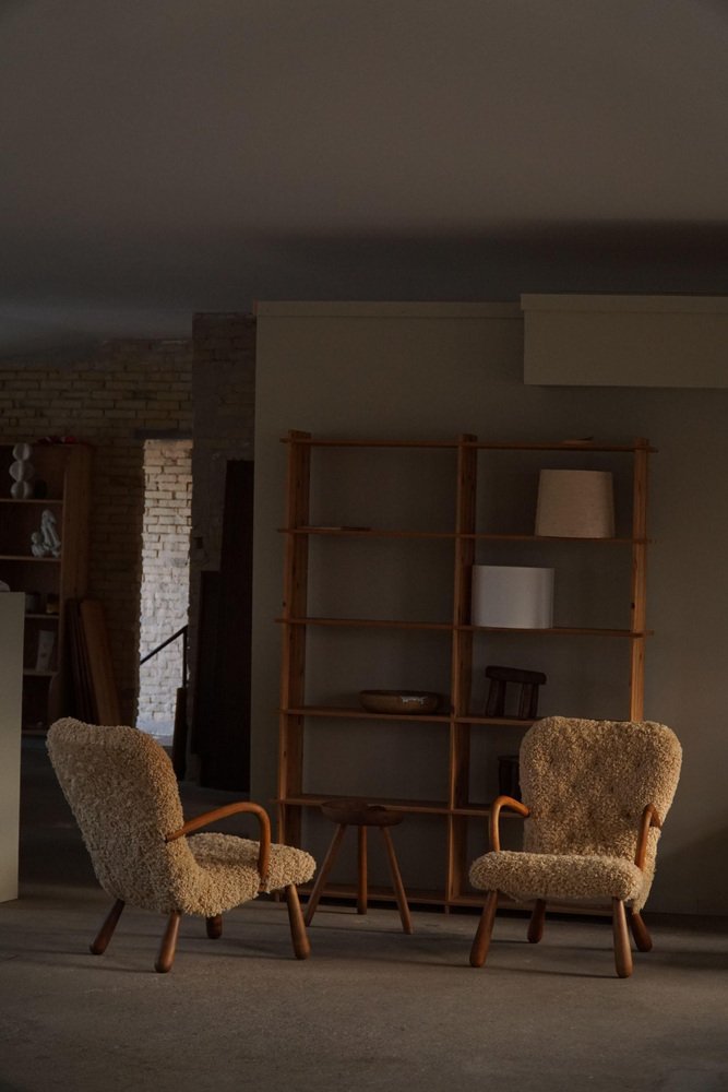 Clam Lounge Chairs in Lambswool from Skive Møbelfabrik, Denmark, 1940s-1950s