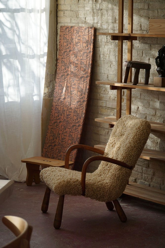 Clam Lounge Chairs in Lambswool from Skive Møbelfabrik, Denmark, 1940s-1950s