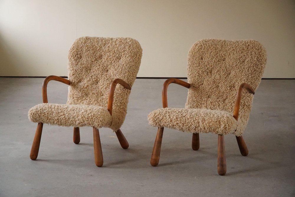 Clam Lounge Chairs in Lambswool from Skive Møbelfabrik, Denmark, 1940s-1950s