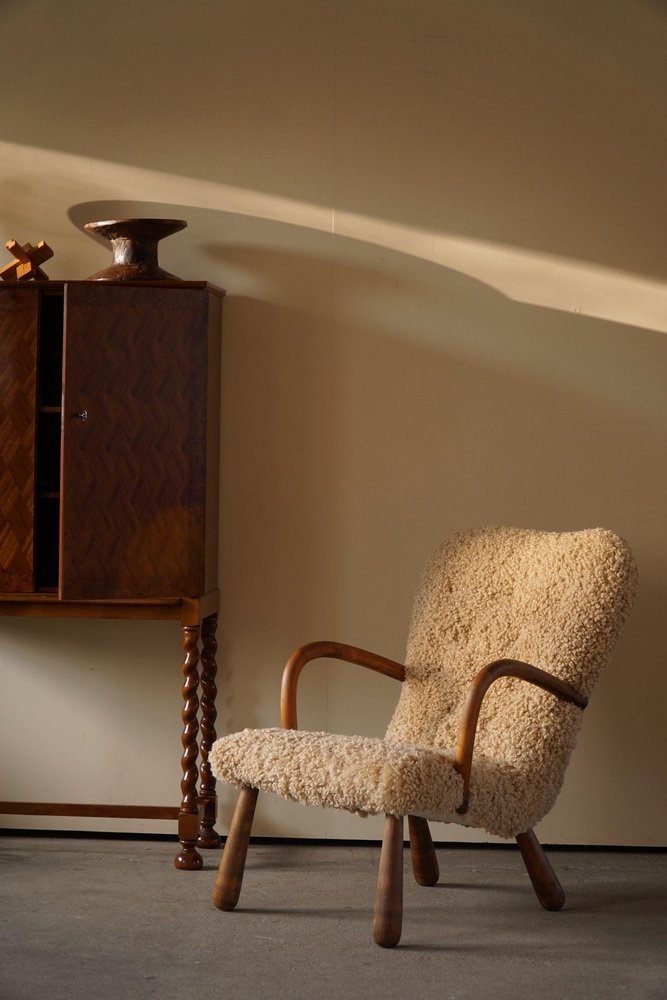 Clam Lounge Chairs in Lambswool from Skive Møbelfabrik, Denmark, 1940s-1950s