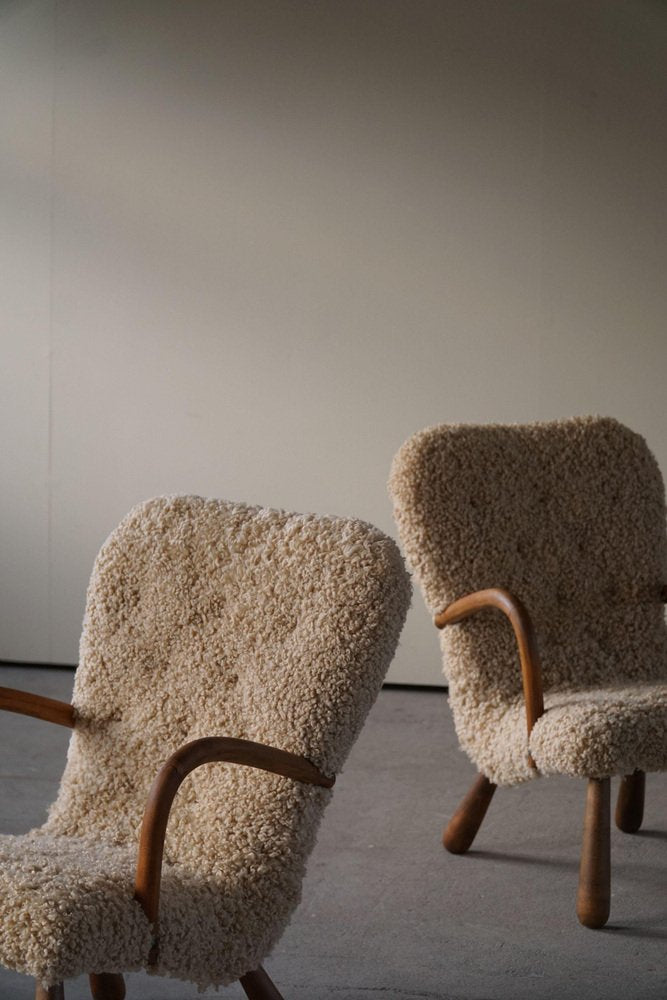 Clam Lounge Chairs in Lambswool from Skive Møbelfabrik, Denmark, 1940s-1950s