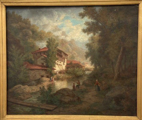 Claude Auguste Tamizier, Landscape with Figures, 19th Century, Oil on Canvas, Framed-QKG-1427338