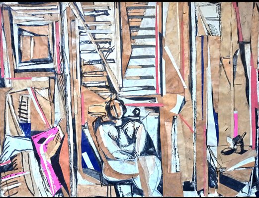 Claude Jouhanneau, Femme Nue Dans l'Intérieur, 1950s, Mixed Media & Collage-NRC-1393173