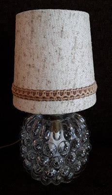 Clear Bubbled Pressed Glass Table Lamp with Brass Mount and Beige Fabric Shade, 1970s-HOI-901213