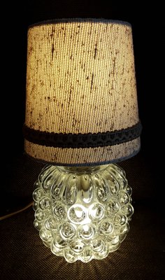 Clear Bubbled Pressed Glass Table Lamp with Brass Mount and Beige Fabric Shade, 1970s-HOI-901213