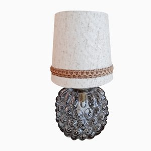 Clear Bubbled Pressed Glass Table Lamp with Brass Mount and Beige Fabric Shade, 1970s-HOI-901213